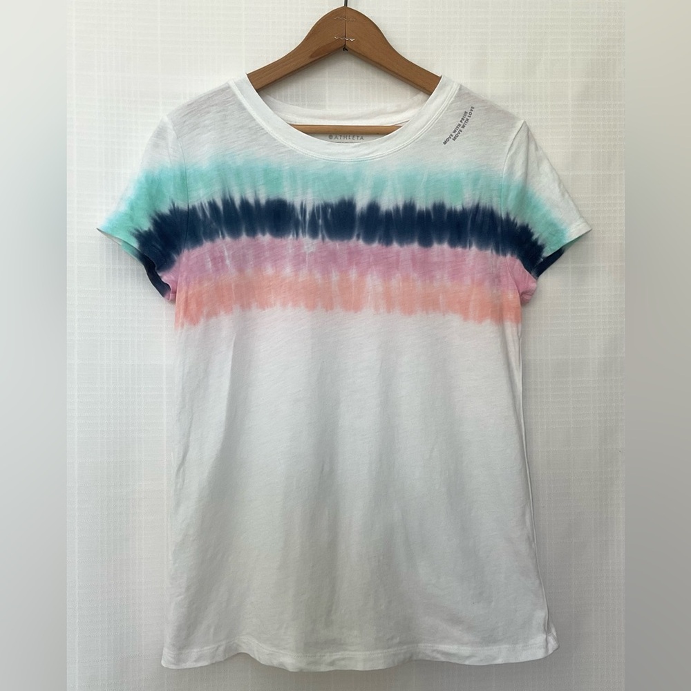 🌱Athleta White Crewneck Tee with Teal, Navy, Pink & Peach Tie-Dye Stripe pride